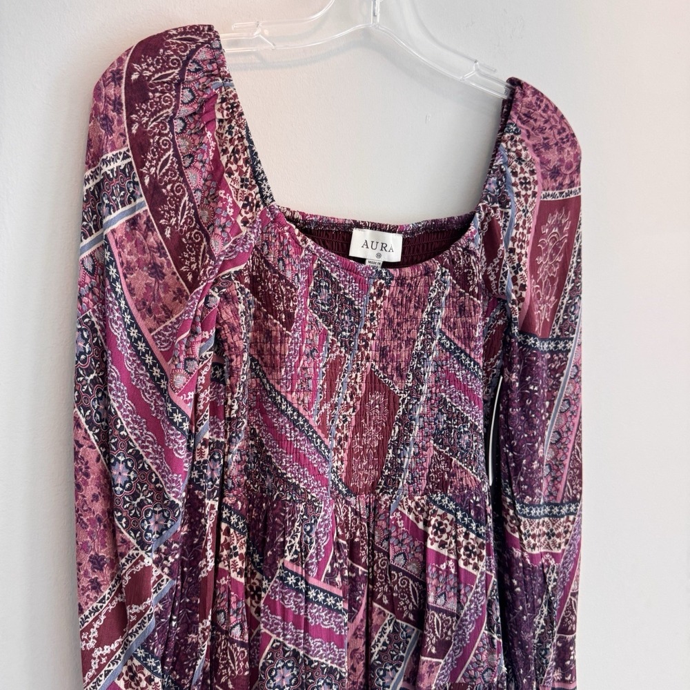 NWT Aura Shop Red Dress XS Purple Boho Patchwork Smocked Long Sleeve Mini Dress - Picture 5 of 14